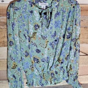 Rachel Zoe Floral Green Blouse with Blue Accents Size M
